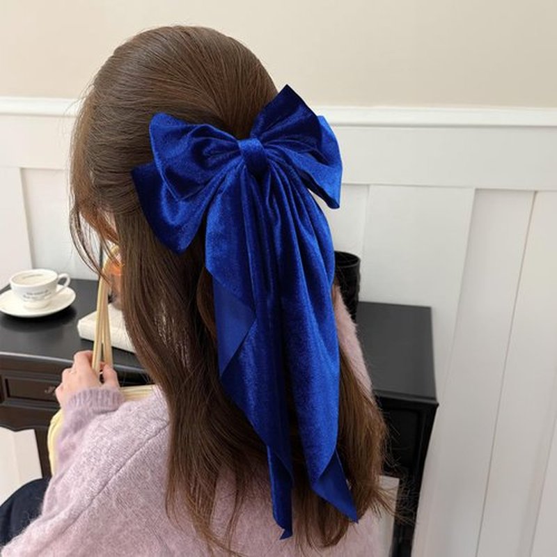 Royal Blue Big Velvet Hair Bows Long Tail For Women Girls Thick Hair,Velvet Ribbon Bowknot Hair Clips French Barrette Grip Her Wedding Dance Engagement Party Dress Decor Accessory