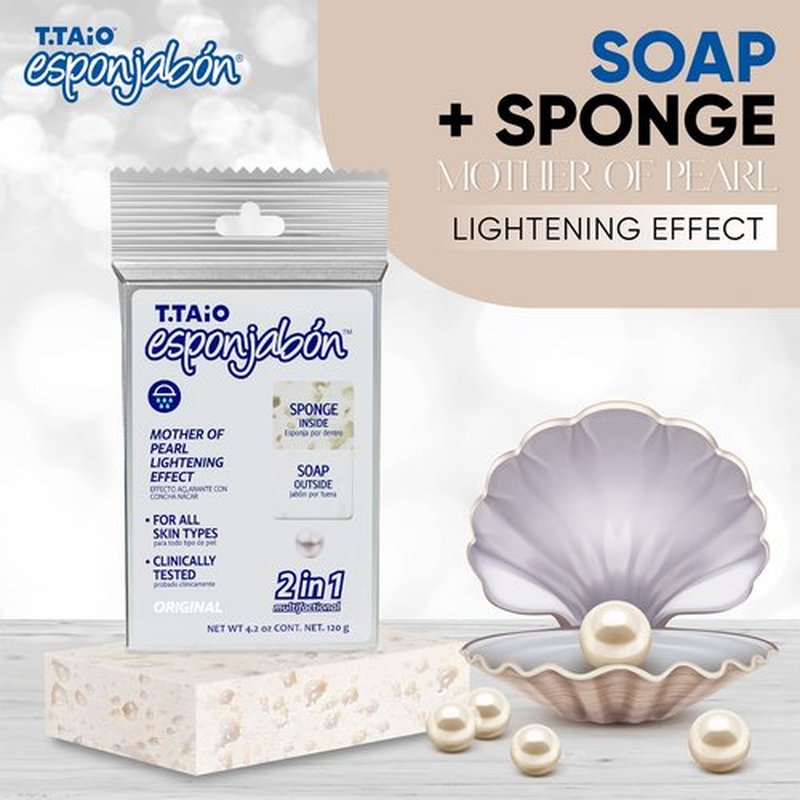 T.Taio Esponjabon Mother of Pearl Soap Sponge - Refreshing Shower Scrubber for Bath Wash & Oil Removal - Bathroom Necessities with Invigorating Scents - Mini Pearl Included