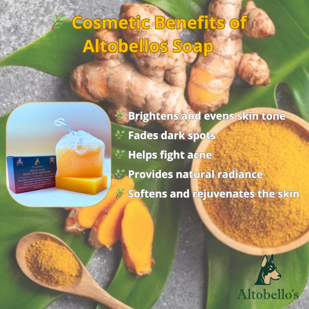 Altobello's Turmeric Kojic Acid Soap - Dark Spots Remover for Face & Body, Brightening Skin Lightening Bar with Vitamin C, Collagen, Hyaluronic Acid - 2 Bars + Exfoliating Net.