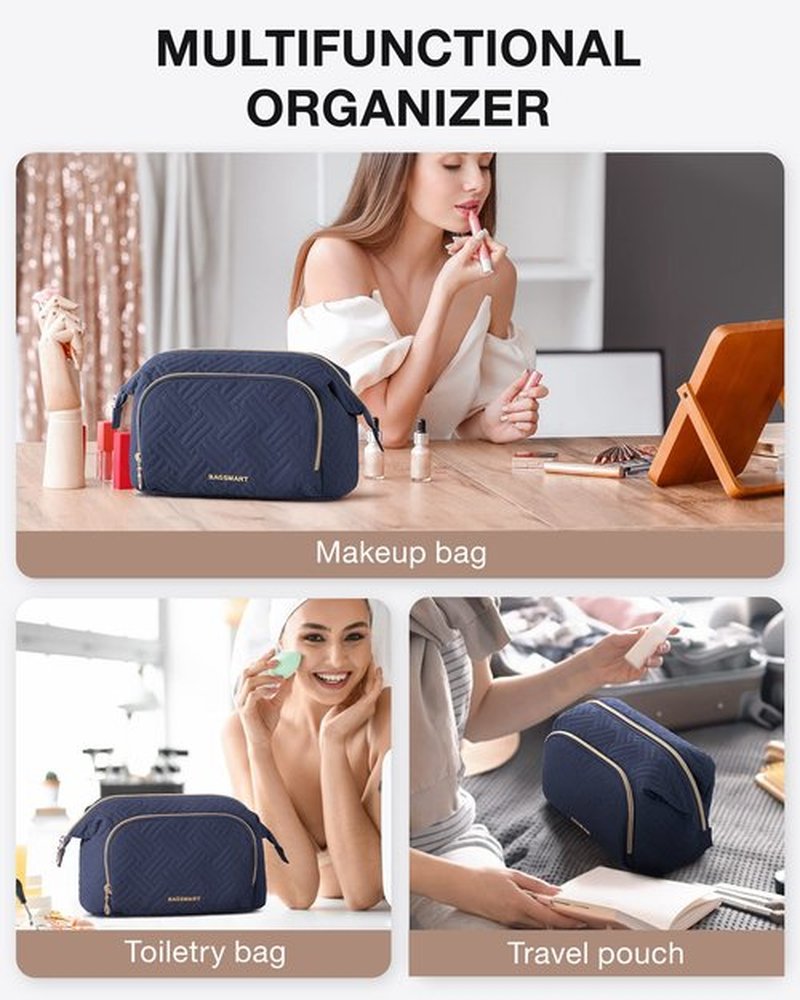 BAGSMART Travel Makeup Bag, Cosmetic Bag Make Up Organizer Case,Large Wide-open Pouch for Women Purse for Toiletries Accessories Brushes Dark Blue