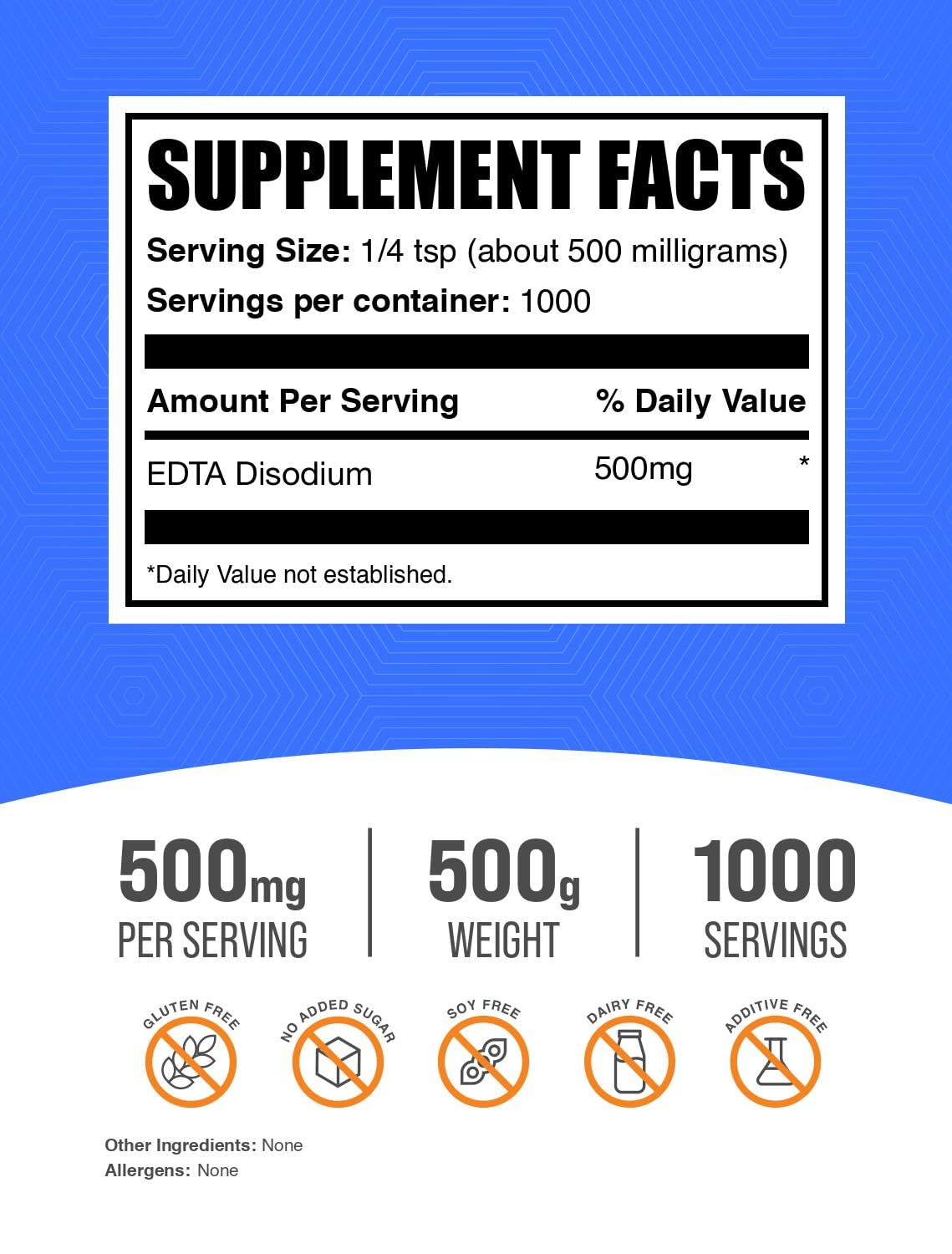 BulkSupplements.com Disodium EDTA Powder - EDTA Disodium Salt, Food Additive - Food Grade, Pure, & Gluten Free, 500mg per Serving, 500g (1.1 lbs) (Pack of 1)