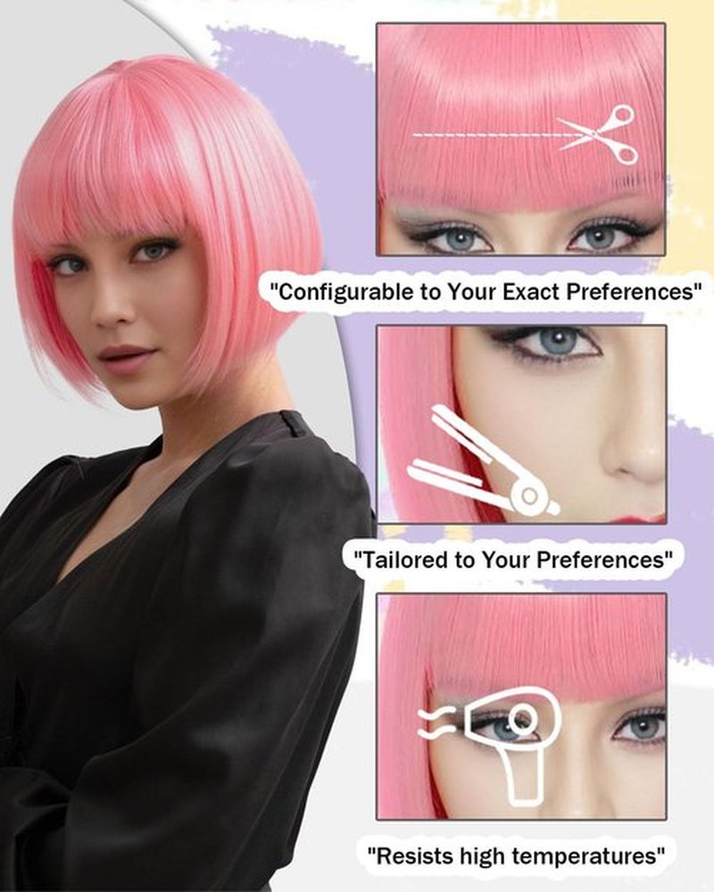MaxlaceWig Pink Bob Wig with Bangs for Women, 12 Inch Straight Short Synthetic Pink Bob Wigs, Natural Looking Heat Resistant Fiber Bob Wig, Costume Halloween Wigs for Women