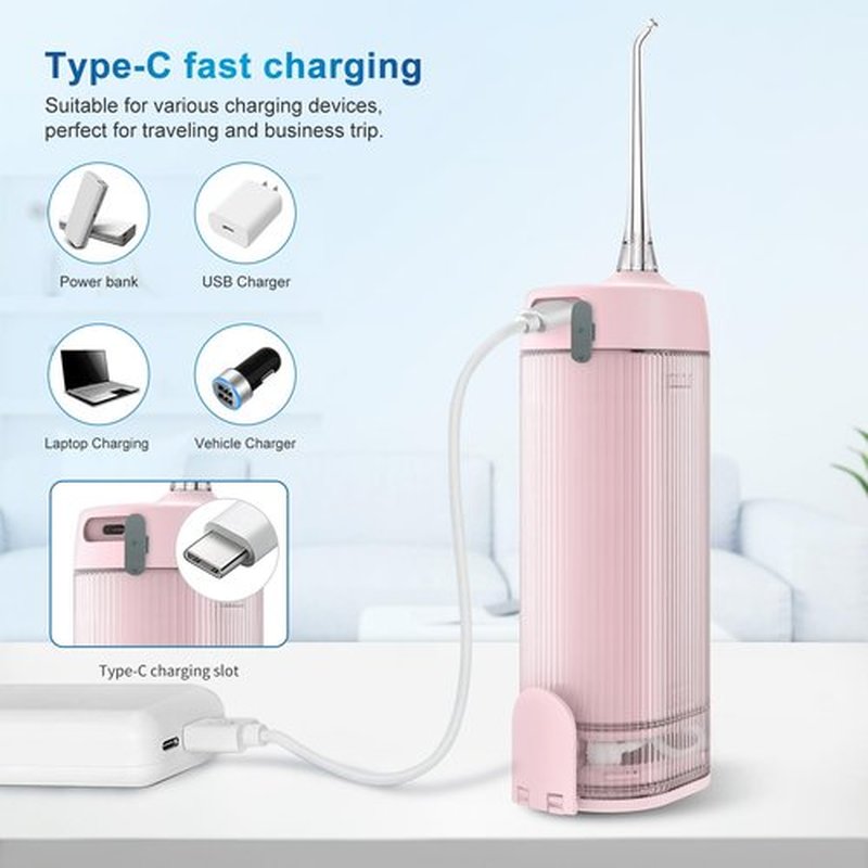 JNGOODS Mini Portable Water Flosser Oral Irrigator Water Teeth Cleaner Pick, Telescopic Water Tank, 4 Modes & IPX7 Waterproof, Home & Travel Water Flossers for Teeth, Braces Bridges Care. (Pink)