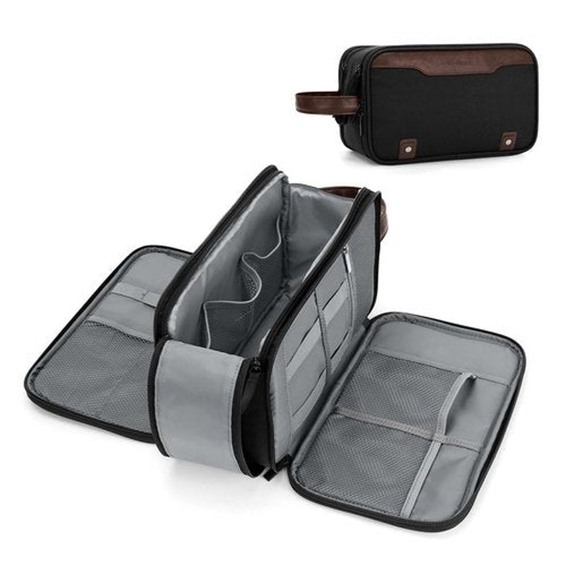 Wedama Toiletry Bag for Men, Large Hanging Travel Toiletry Bag, Extra Electronic Organizer Bag Waterproof Travel Bag for Toiletries with PU Handle for Travel Trips Swim Camping, Black&Brown