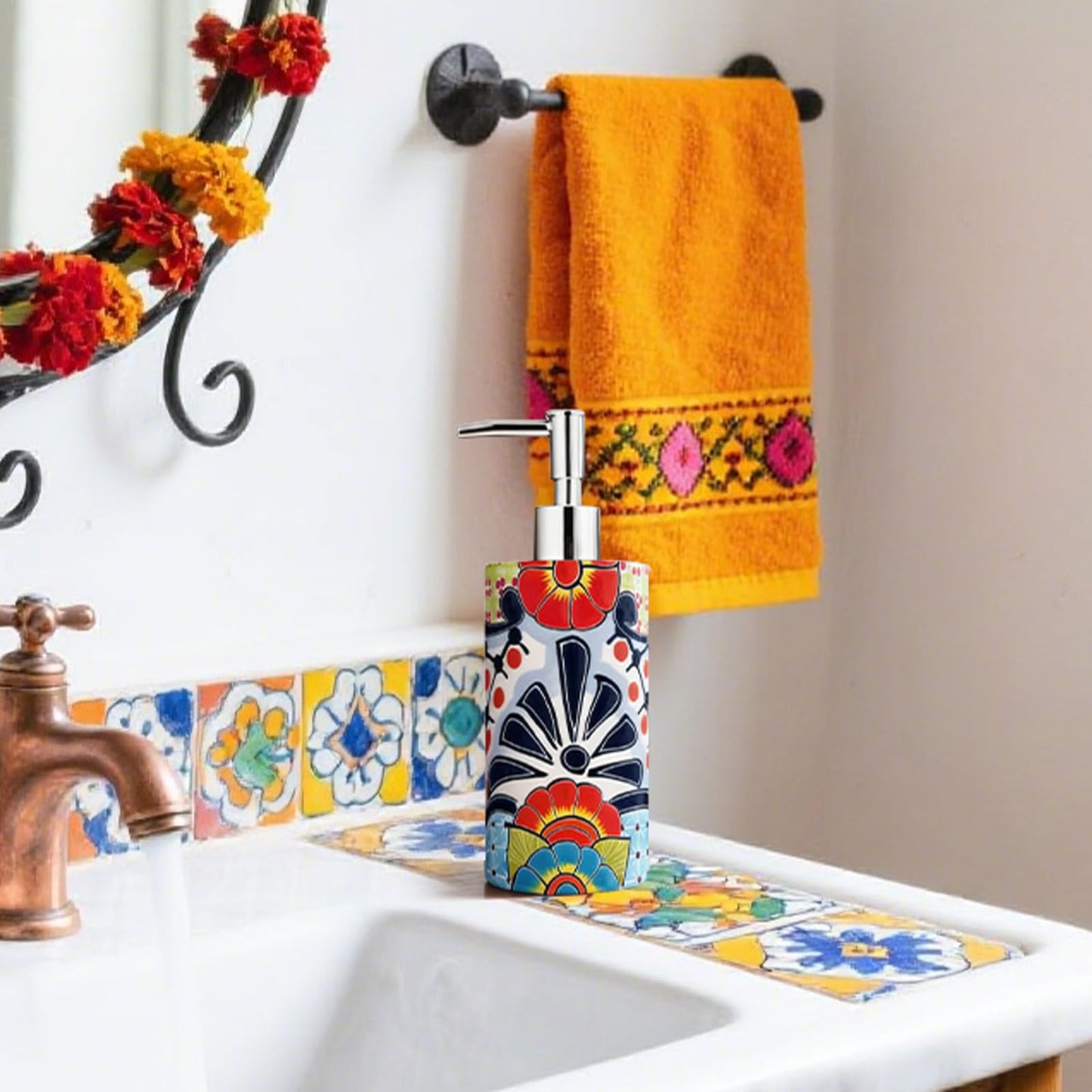 FYSUIMU Mexican Talavera Soap Dispenser Ceramic Dispenser with Pump Vintage Floral Refillable Liquid Soap Container for Mexican Fiesta Cinco De Mayo Home Kitchen Bathroom