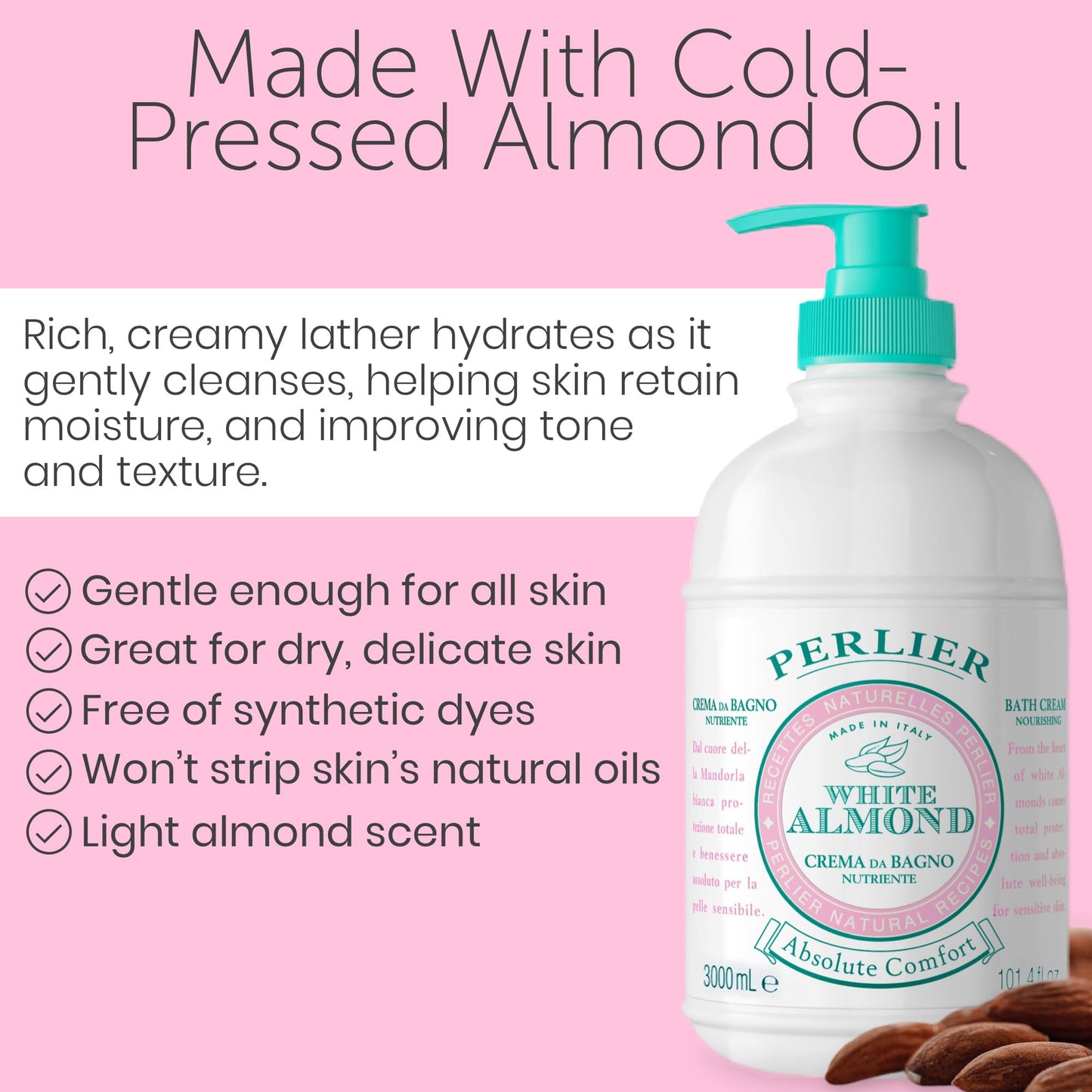 Perlier – White Almond Bath & Shower Cream, 101.4 oz, Gentle Cleanser for Delicate Skin, Deep Moisturizing Formula, Almond Scent, Soothing & Nourishing, Supports Skin Elasticity