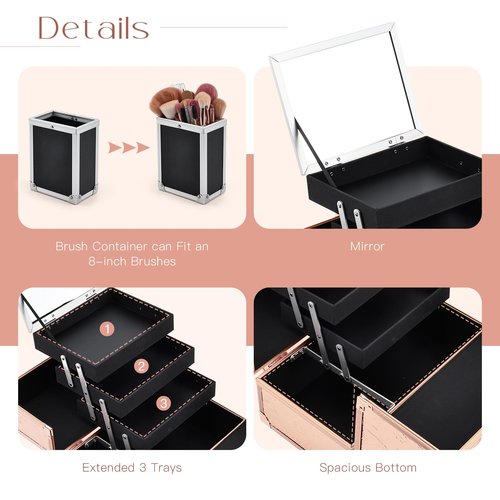 FRENESSA Makeup Train Case 11.8 Inch Extra Large Makeup Organizer Case 3 Trays with Mirror Cosmetic Travel Storage Box for Makeup Artist Nail Art Tech Sewing Supplies Travel Case Rose Gold Floral