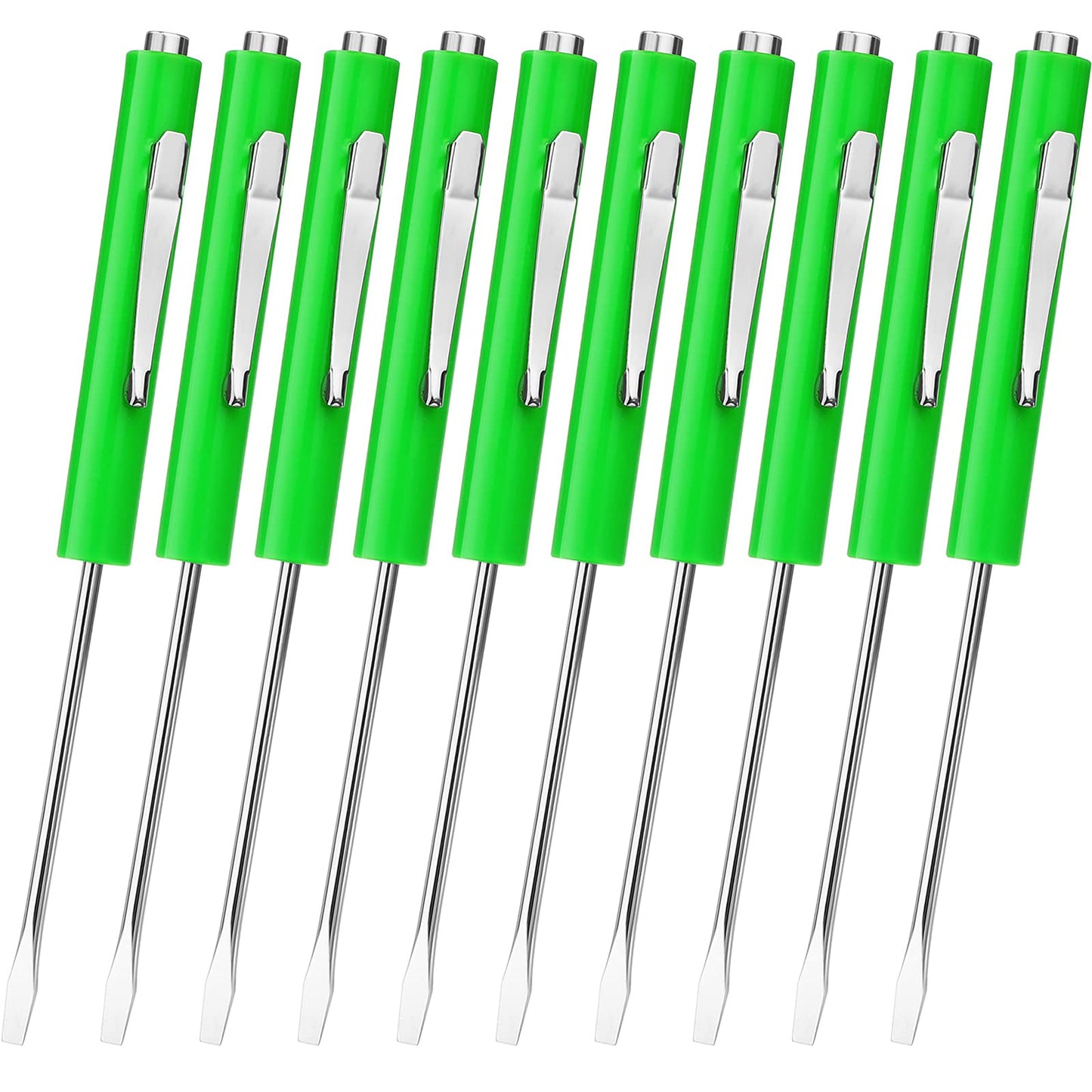 Honoson 10 Pieces Pocket Screwdriver Mini Tops and Pocket Clips Magnetic Slotted Small Screw Driver with a Single Blade Head for Mechanical, Electrician(Green)