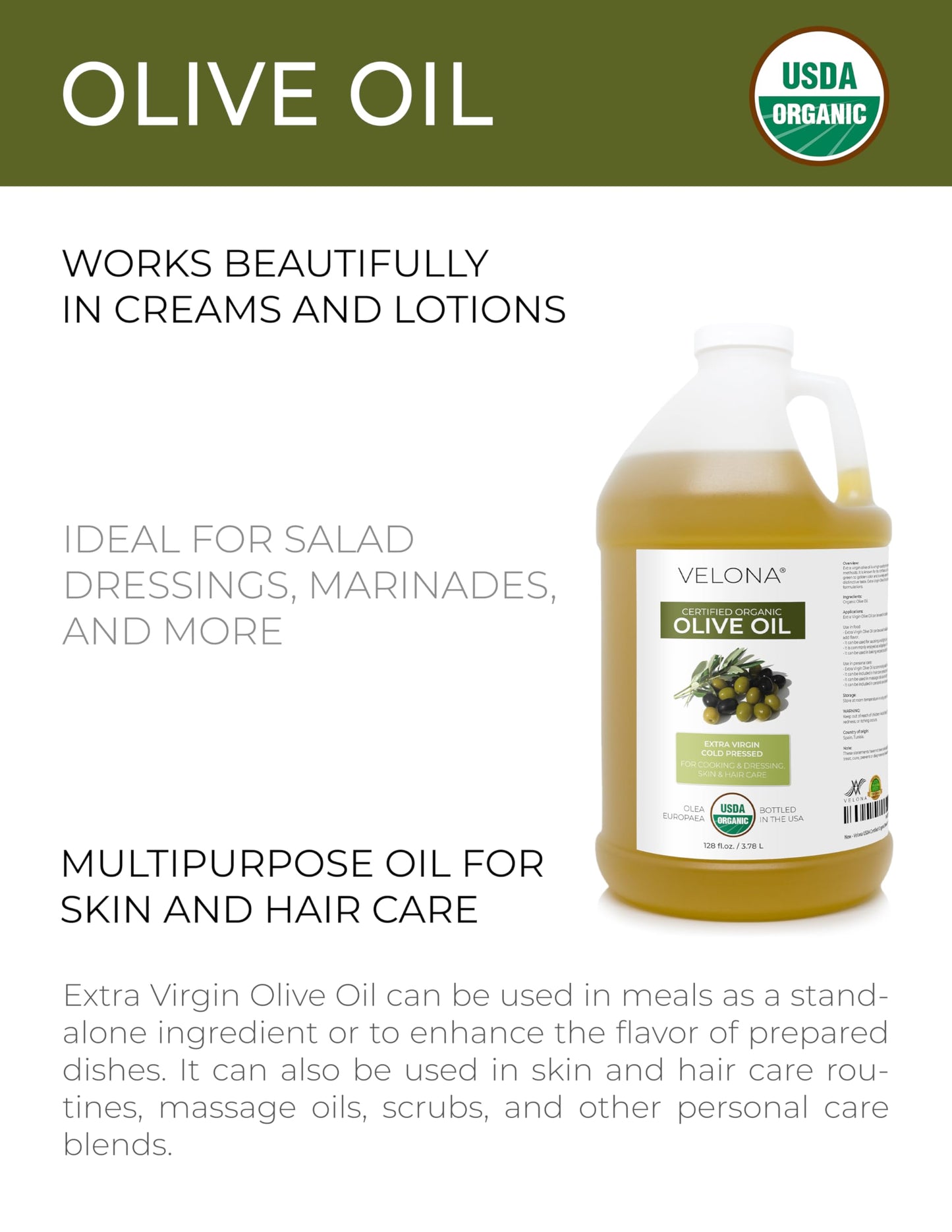 velona USDA Certified Organic Olive Oil -1 Gallon / 128 Fl Oz | 100% Pure and Natural Carrier Oil | Extra Virgin, Unrefined, Cold Pressed | Cooking, Dressing, Face, Hair, Body & Skin Care | Use Today - Enjoy Results