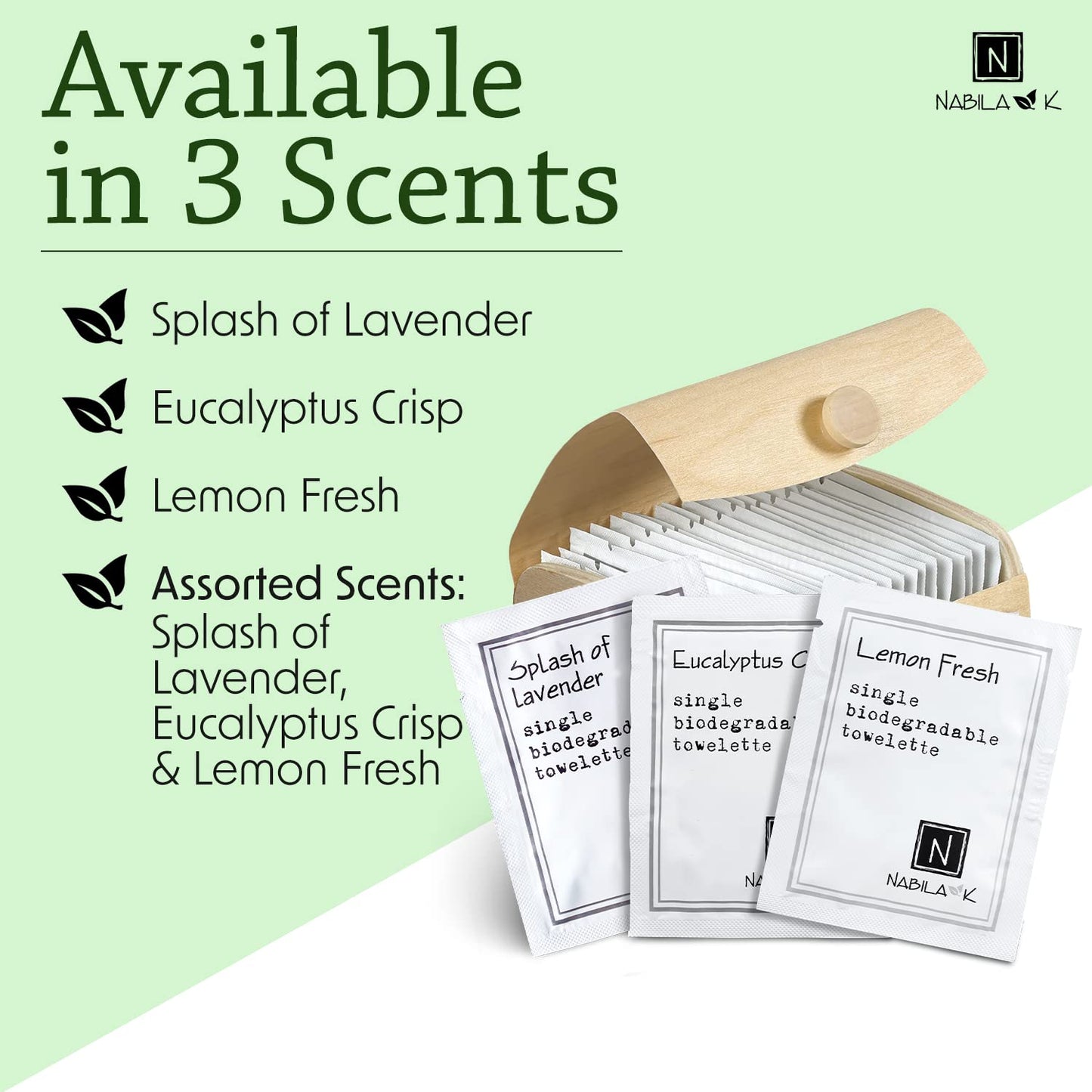Nabila K Lavender, Eucalyptus & Lemon Moist Towelettes Variety Pack - 20 Individually Wrapped Single-Use Wipes with Bamboo Gift Case - Alcohol-Free, Plant-Based - Travel, Guest Bathroom, Spa, Events