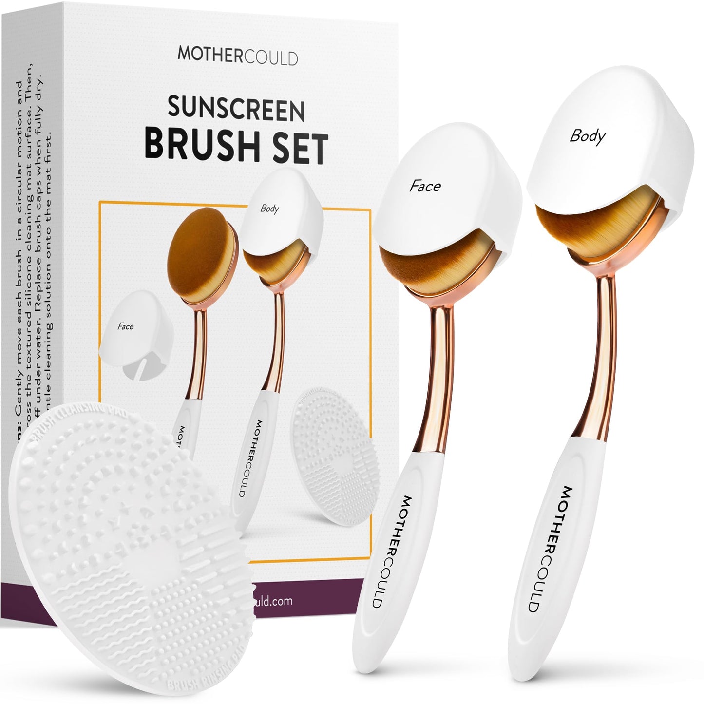 Mothercould Sunscreen Brush Set - Lotion Applicator for Kids, Babies, Families, and Adults | Safe for Face & Body | Travel-Friendly Design with Protective Caps & Cleaning Mat (2 Pack) (White)