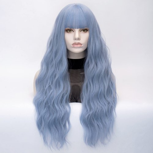 QACCF Long Blue Wig Women Long Wavy Pelucas Fluffy Curly Women Synthetic Fiber Realistic Fun Bang Light Blue Colorful Girls Wig (Blue)