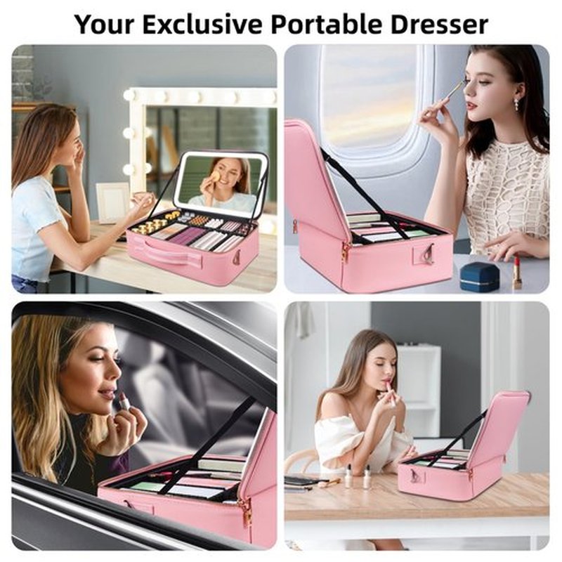 15“×11“ Large Pink Makeup Bag with Mirror, Personal Item Travel Bag with Makeup Mirror 3 Lights, Waterproof Train Case with Mirror and Light Adjustable Dividers,Large Professional Lighted Makeup Case
