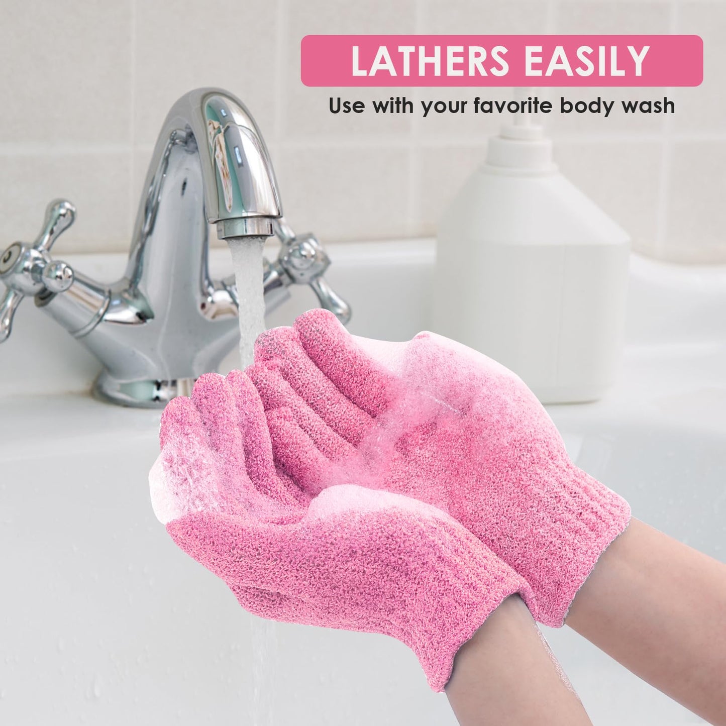 Sibba 2Pcs Exfoliating Wash Gloves Dual Texture Bath Gloves for Shower Body Scrub Exfoliating Mitt Dead Skin Remover Exfoliator Mitten Natural Body Loofah Washcloth (2pcs Pink)