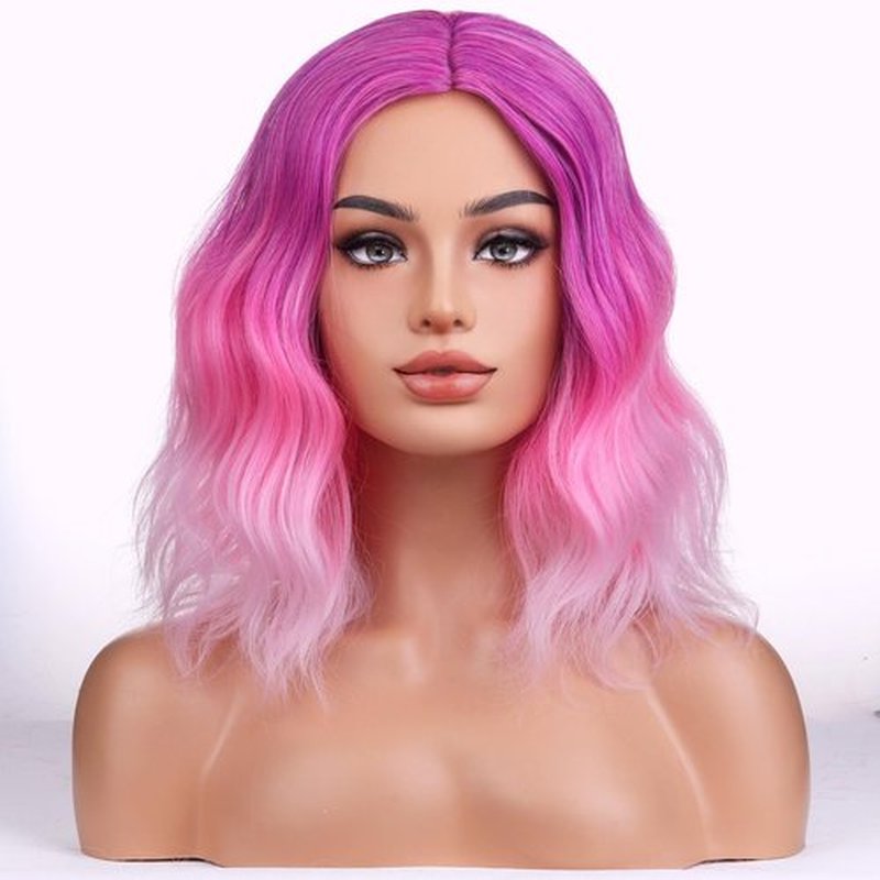 BERON Rose Pink Wigs for Women Short Curly Wavy Wig Girls Middle Part Ombre Pink Purple Colorful Body 14 Inch Heat Resistant Synthetic Hair Wig Cosplay Daily Party Wigs