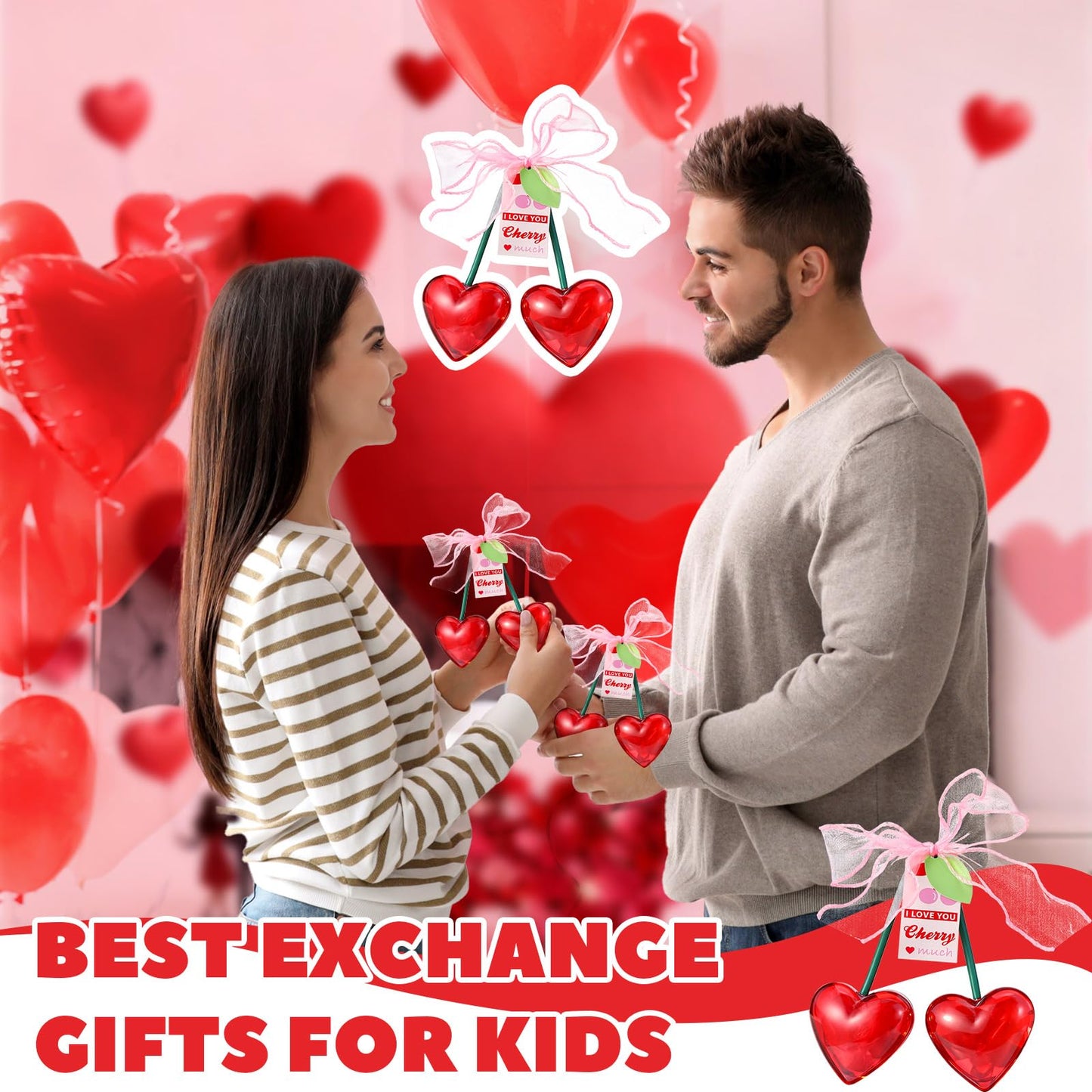 AceOrbit 12 Pcs Valentine's Day Cherry Plastic Heart Containers 4.7 Inch Red Cherry Shaped Filled Gift Candy Box with Cards Bow Valentine Hanging Ornament for Wedding Party Favor Exchange Supplies