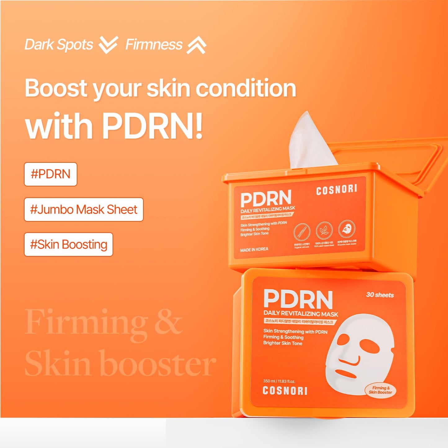 COSNORI PDRN Daily Revitalizing Mask - Skin Strengthening with PDRN, Firming & Soothing, 100% Plant-Based Sheet Mask, 30 Sheets, 11.83 fl.oz
