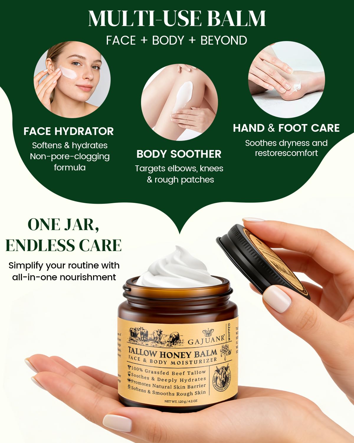 Beef Tallow for Skin: Whipped Beef Tallow Cream for Face & Body, Natural Moisturizing Cream with Honey and Beeswax, Grass-Fed Beef Tallow &Honey Blend, Lightweight Hydration for Dry Skin, 4.2Oz