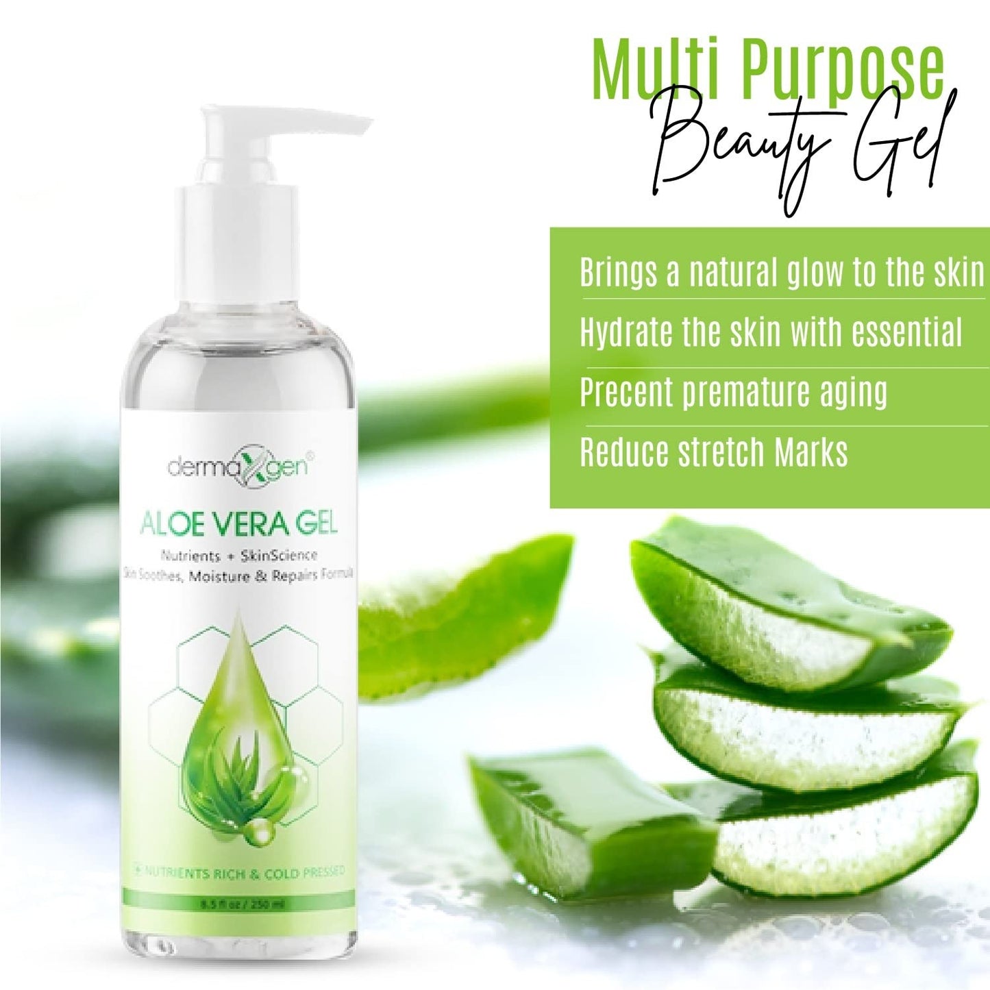 DERMAXGEN Aloe Vera Gel with Witch Hazel, Vitamin C, and Vitamin E - Skin Soothes, Moisture, and Repair Formula for Face and Body - Nutrient-Rich, Cold Pressed, Organic 100% Pure Aloe Vera