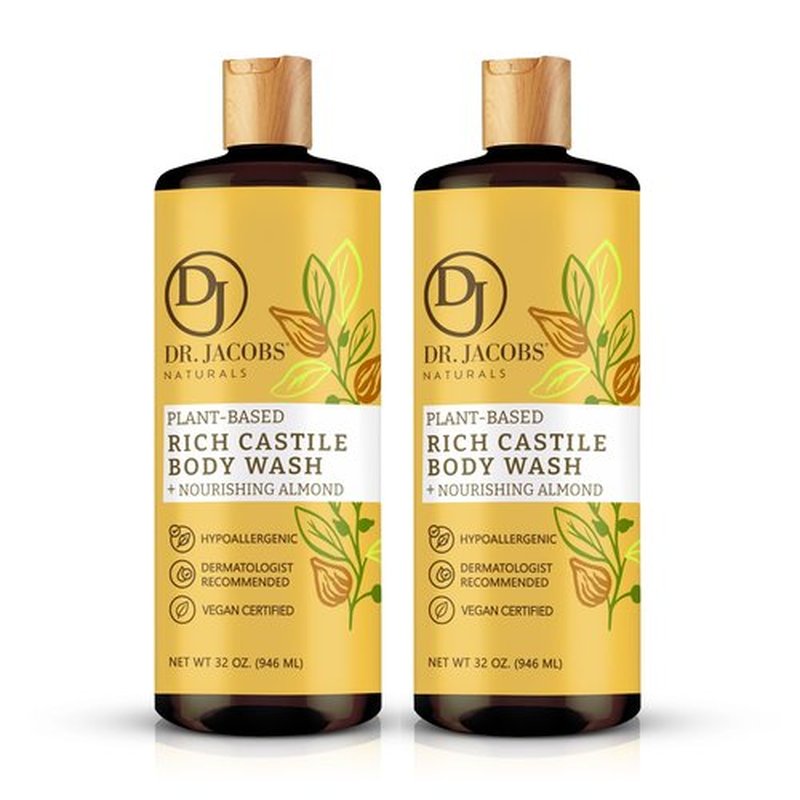 DR. JACOBS NATURALS Castile Almond All-Natural Body Wash for Moisturizing Dry and Sensitive Skin Shampoo with Plant-Based Ingredients Gluten, Preservatives-Free Formula - 32 oz, Pack of 2