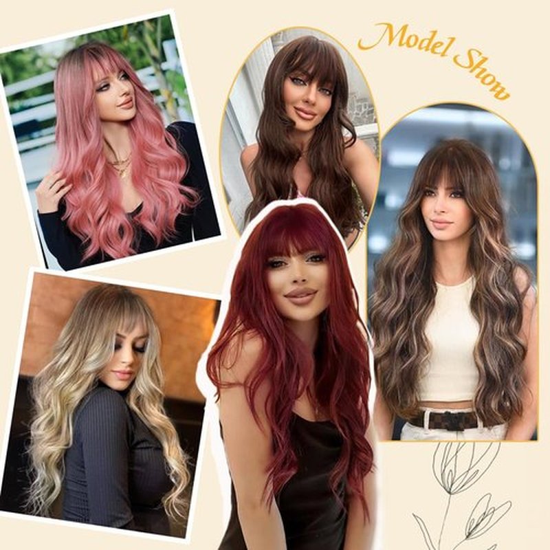 UNNYMGER Blonde Wig with Bangs Long curly wavy Wig for Women Ombre wig with Brown root skin-friendly synthetic fiber wig for festival holiday Use 26IN