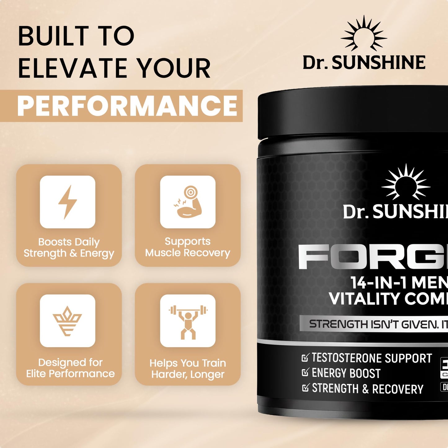 DR. SUNSHINE Forged Testosterone Supplement for Men –14 in 1 Natural Male Strength with Shilajit, Ashwagandha,Tongkat Ali-Muscle Builder Testosterone Booster for Mens-2 Month (120 Capsules)