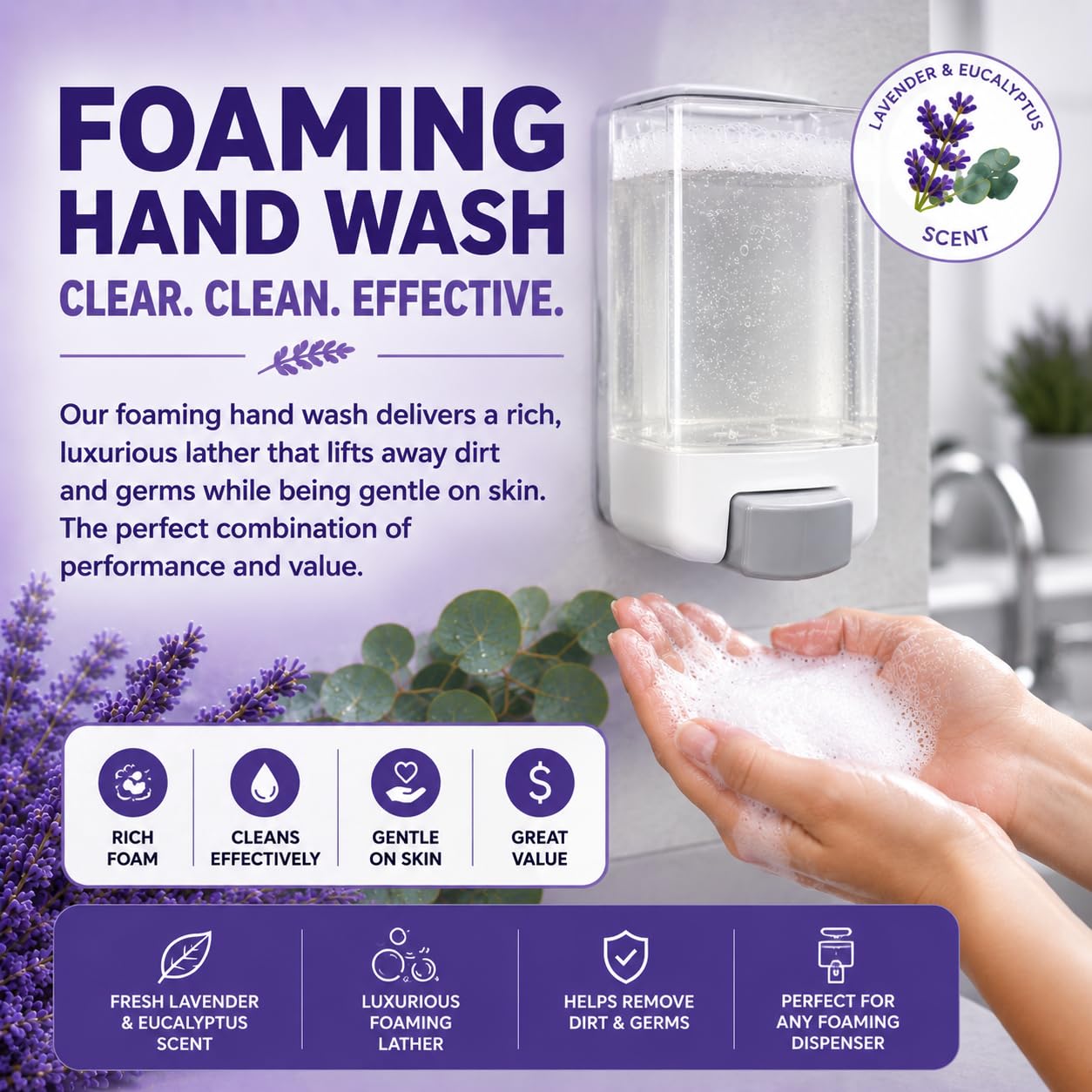 Sani Wash Foaming Hand Soap Refill – 1 Gallon (128 oz) | Professional Janitorial & Commercial Foam Hand Wash, Moisturizing, Non-Irritating, Biodegradable (128 Fl Oz (Pack of 1), Lavender & Eucalyptus)