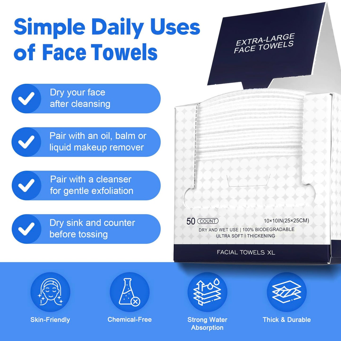 KODAMO Disposable Face Towels – 2 Pack (100 Count) – Ultra Soft & Thick Biodegradable Makeup Remover Cloths – Lint-Free Facial Cleansing Cloths in Paper Box