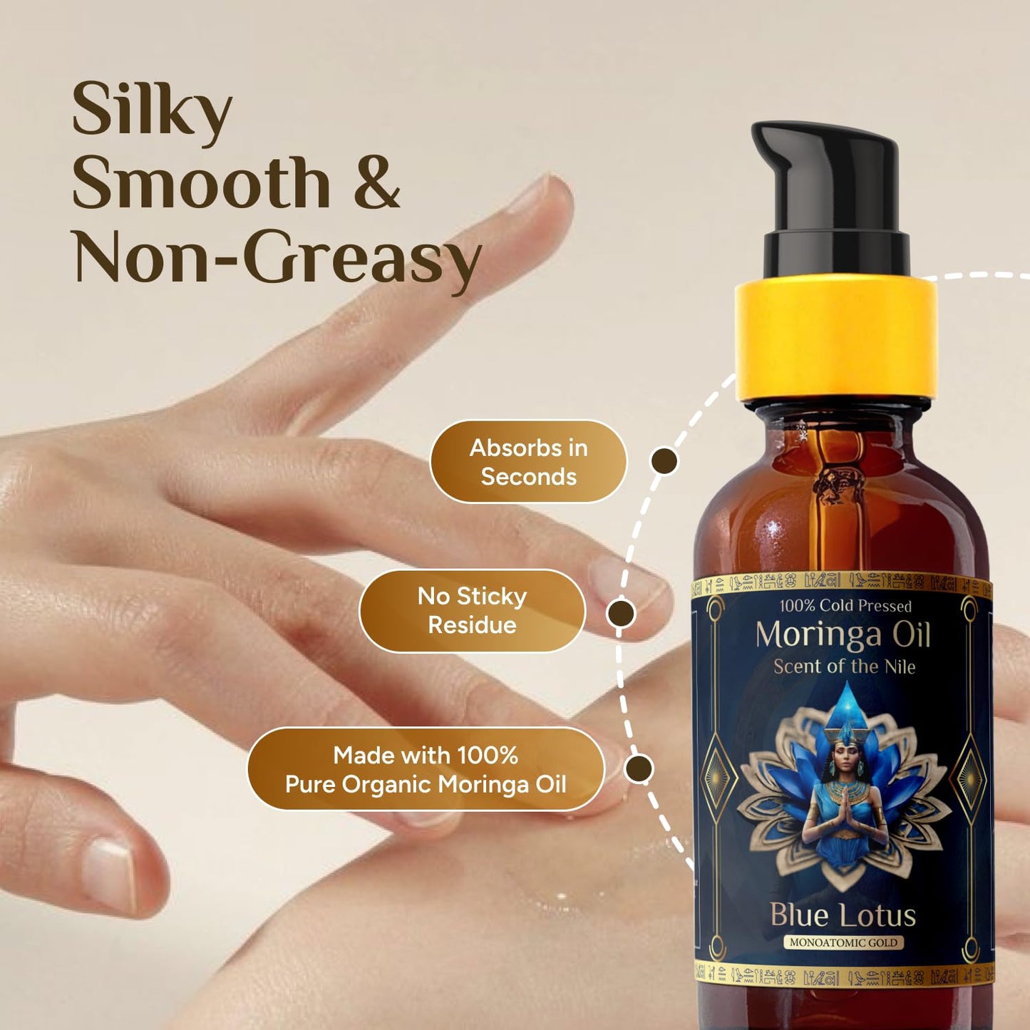 Pure Organic Moringa Oil with Blue Lotus Flower | Deep Hydrating & Anti-Aging Ritual Oil for Skin, Hair & Nails | Premium 100% Cold Pressed Luxury Moringa, Nourishes & Hydrates Skin 1oz.