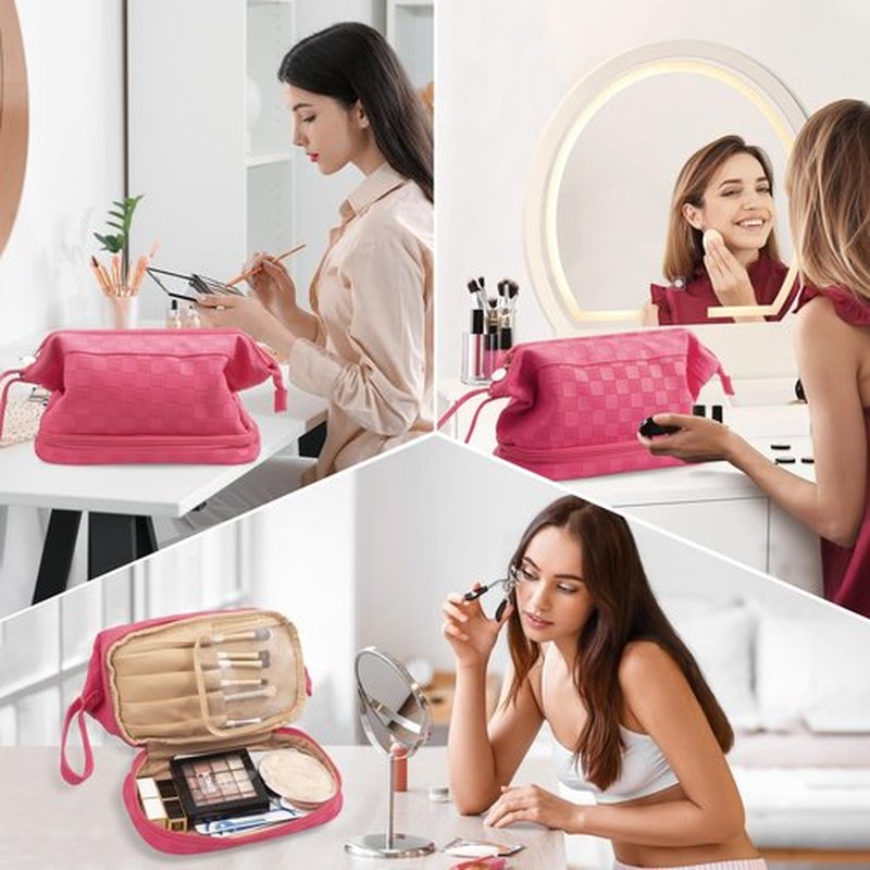 Abiudeng Large Makeup Bag,Waterproof Cosmetic Bag,Make up Travel Bag Essentials,Cute Travel Toiletry Bag for Women Makeup Bag Organizer with Bottom Pouch,Travel Size Toiletries Bag for Women-rose