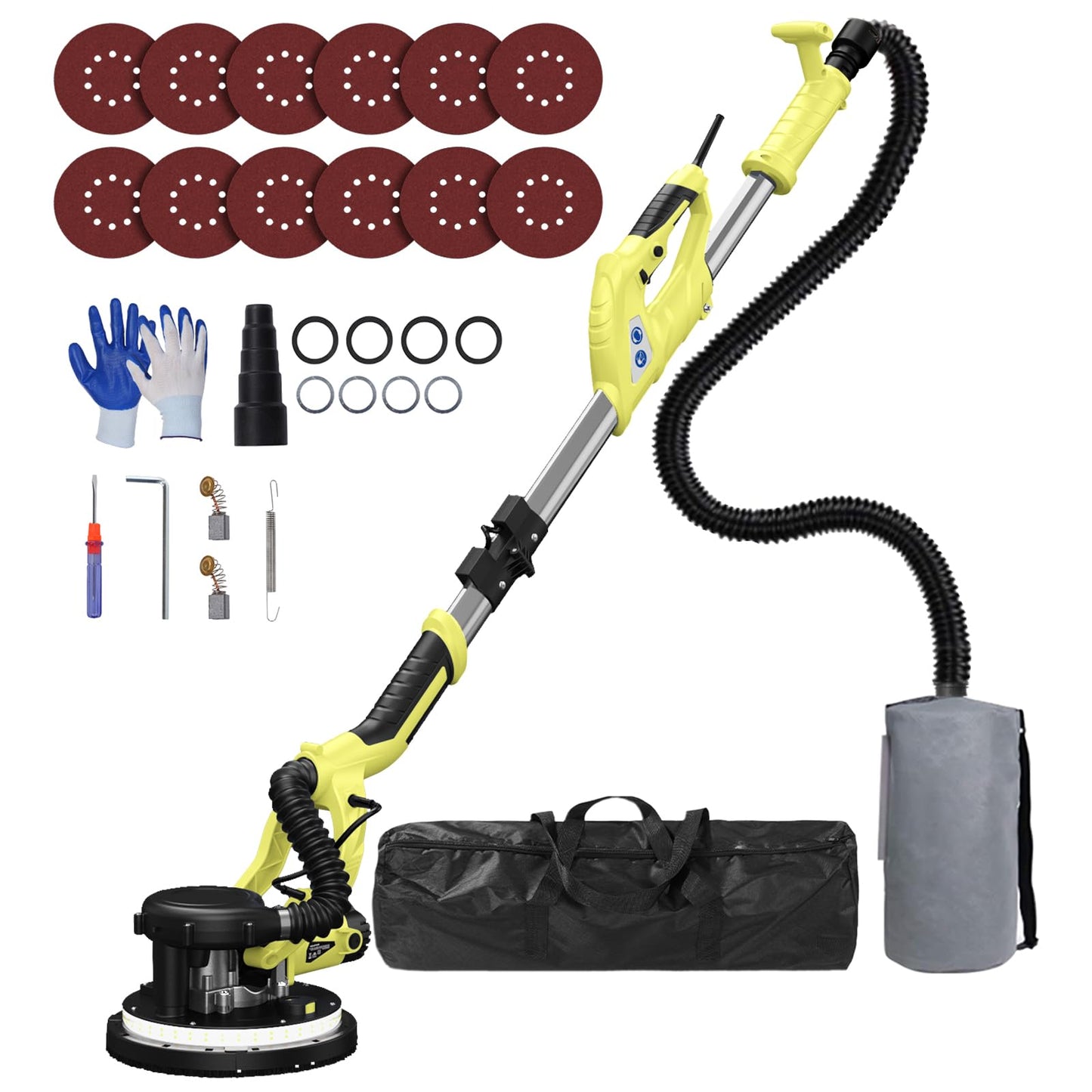 Drywall Sander, Popcorn Ceiling Removal Tool with 7 Variable Speed 800-1800RPM, 2026 Upgraded 8-Amp Drywall Sander with Vacuum Dust Collector with 12pcs Sanding Discs, Extendable Handle, LED Light