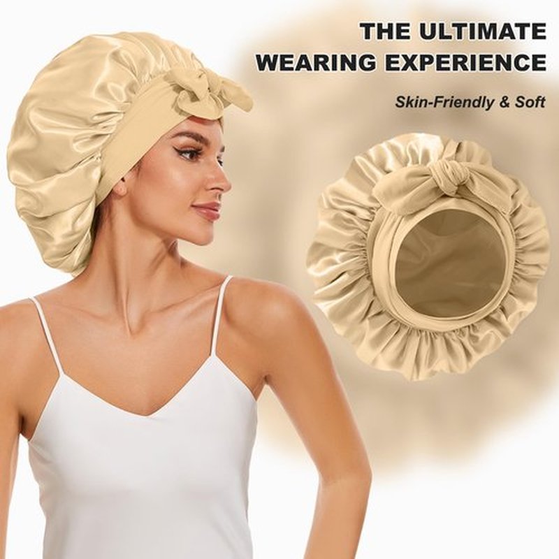 Large Silk Bonnet for Sleeping, Double Layer Satin Bonnets for Women Natural Curly Hair, Silky satin hair Bonnet with Tie Band Hair Wrap Shower Cap