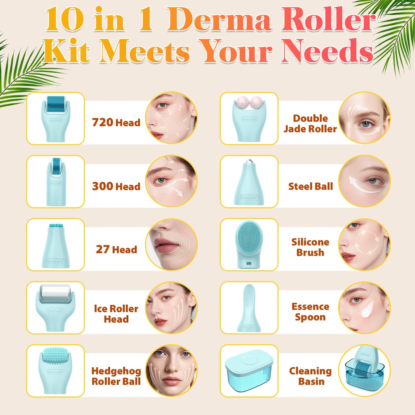 Derma Roller Set - UUPAS 10 in 1 Microneedling Roller Kit for Face, Body, Hair, Beard and Scalp - Ice Face Rollers for Women and Men with Storage Case