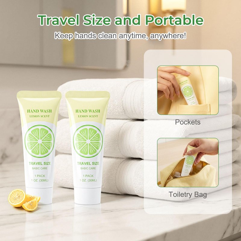Travel Size Liquid Hand Soap Bulk, Individually Wrapped Portable 1 Fl Oz Single Small Tiny Hand Wash Gel Mini Pocket Lemon Handsoap, Packets Toiletries, Hotel Camping Shelter Homeless (Pack of 30)
