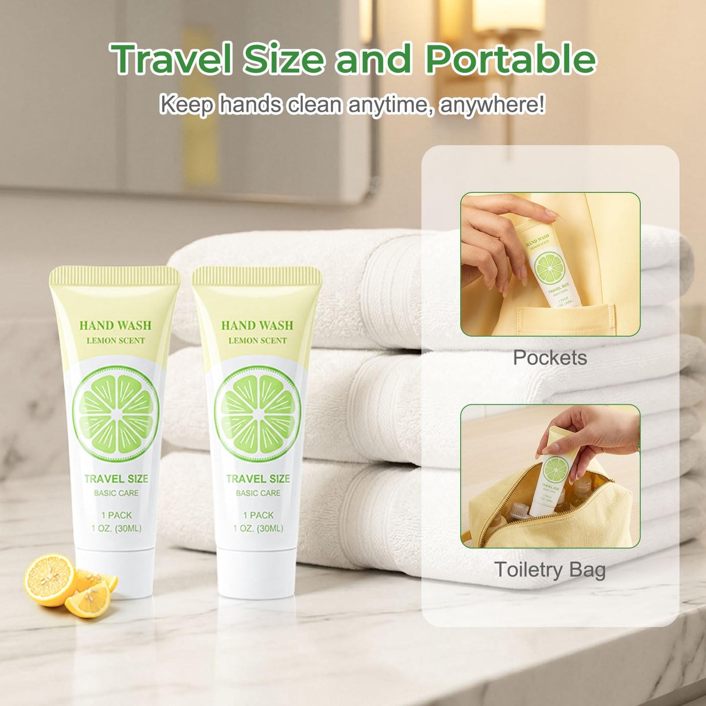 Travel Size Liquid Hand Soap Bulk, Individually Wrapped Portable 1 Fl Oz Single Small Tiny Hand Wash Gel Mini Pocket Lemon Handsoap, Packets Toiletries, Hotel Camping Shelter Homeless (Pack of 60)