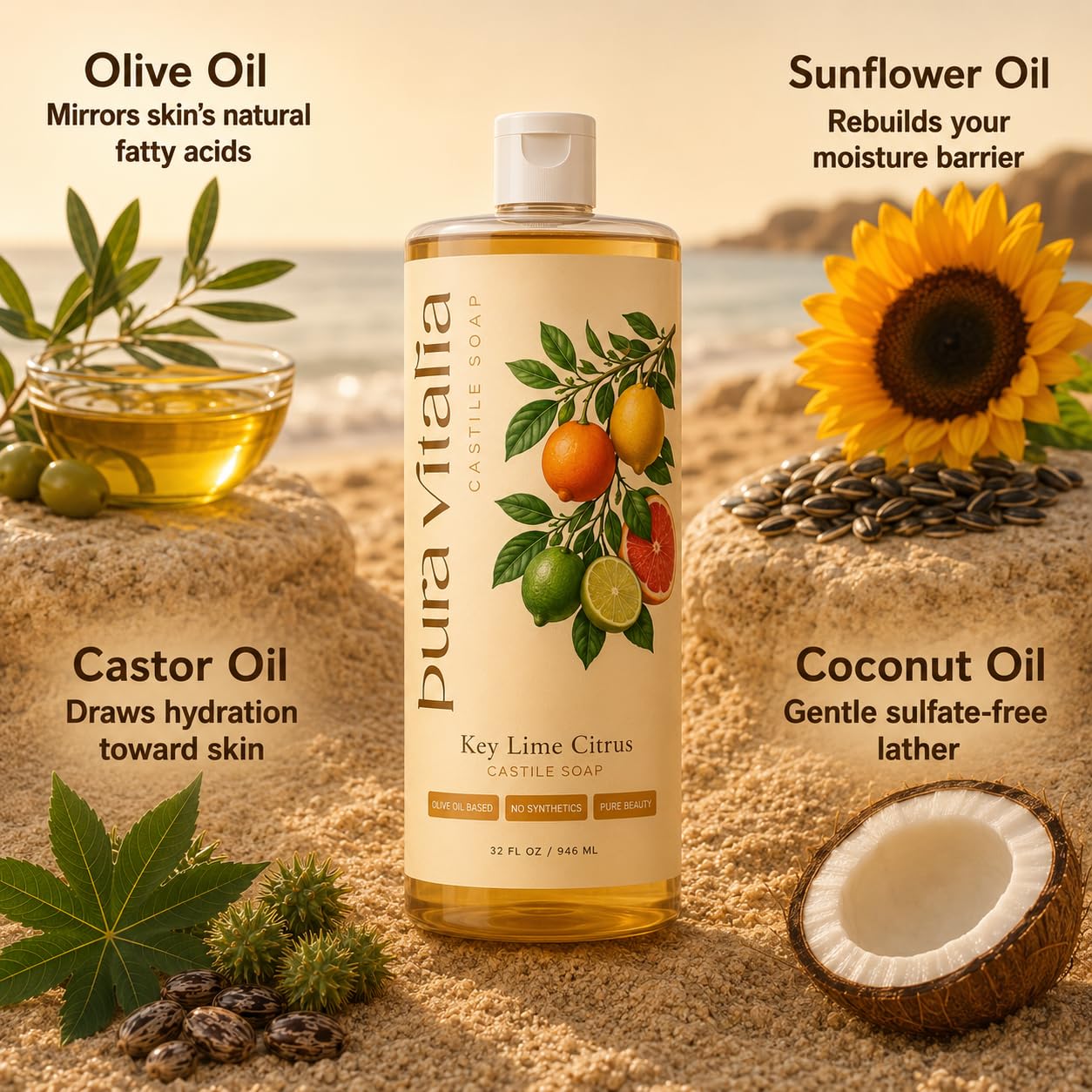 Pura Vitalia Key Lime Citrus Castile Soap Body Wash | With Organic Aloe & 4 Mediterranean Citrus Oils | No SLS, Parabens or Synthetic Fragrance | Ancient Mediterranean Formula | 32 oz