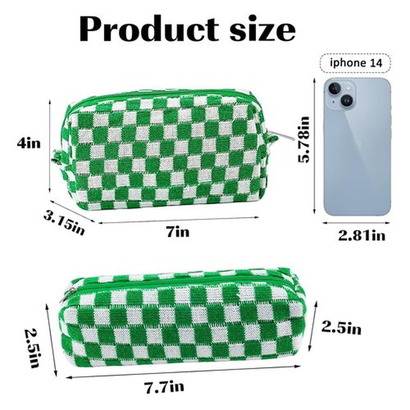 2Pcs Checkered Makeup Bag for Women Girls Pencil Pouch Travel Small Cosmetic Bag Set Cute Makeup Pouch Purse Pencil Case Pencil Bag Zippered Toiletry Bag Organizer Preppy Trendy Storage Bag(Green)