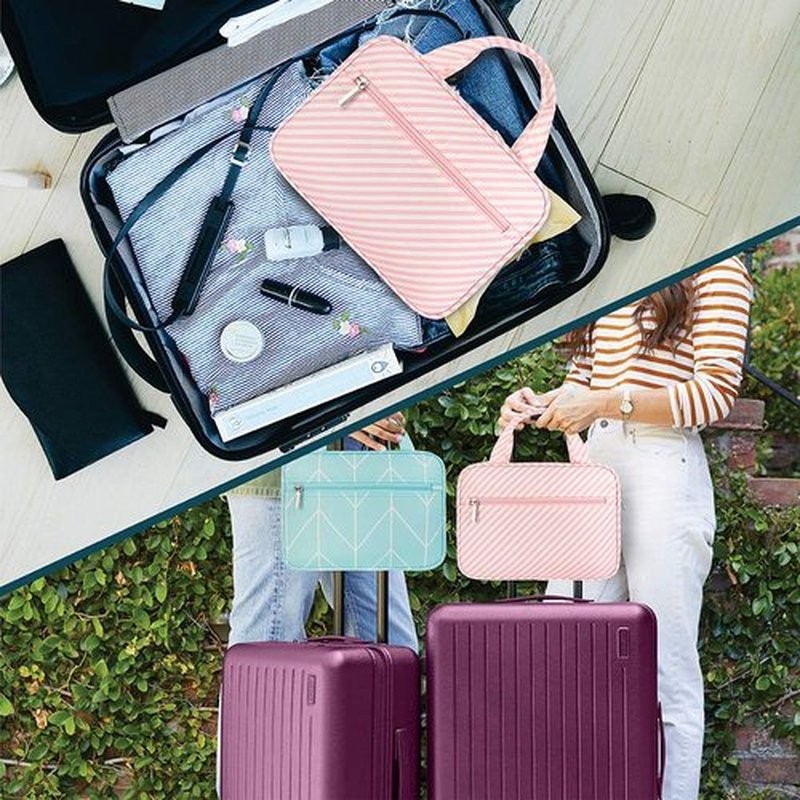 PAVILIA Hanging Toiletry Bag Travel Bag Women Men, Foldable Cosmetic Organizer, Roll up Makeup Bag, Water Resistant Accessories Toiletries, Large Travel Essentials Kit (Pink Stripe)