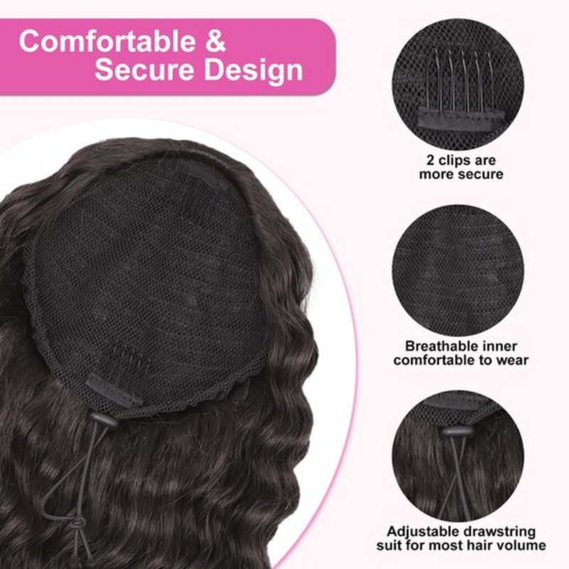 AISI BEAUTY Long Curly Ponytail Extension Drawstring Ponytail for Black Women 22 Inch Synthetic Clip in Pony Tails Hair Extensions(Brown Black)