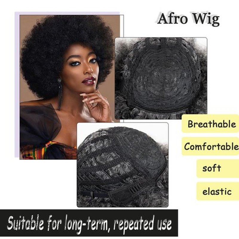 FYIMUYI Afro Wig - Soft 70s Afro Wig For Black Women Short Curly Afro Kinky Wig Large Bouncy And Soft Natural Looking Synthetic Wigs For Daily And Party Halloween Costume Use (Black