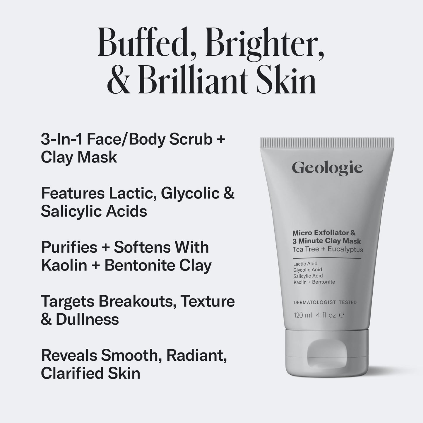 Geologie Micro Exfoliator & Clay Mask | 3-in-1 Deep Cleansing Face Wash, Pore Refining Mask & Skin Exfoliant | Tea Tree & Eucalyptus Scent For Men & Women | 4 fl oz