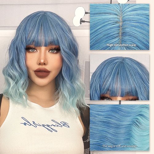 MUPUL Ombre Blue Wig Short Body Wavy Bob Wigs for Women With Bangs Shoulder Length Synthetic Cosplay Party Wig for Girls Daily Use Colorful Wigs