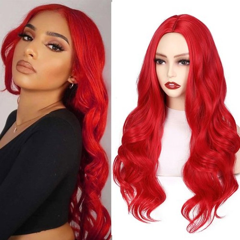 Fancy Hair Long Red Wavy Wigs for Women Curly Middle Part Red Wig Natural Looking Synthetic Heat Resistant Fiber Wigs Hair for Daily Party Use (Bright Red)