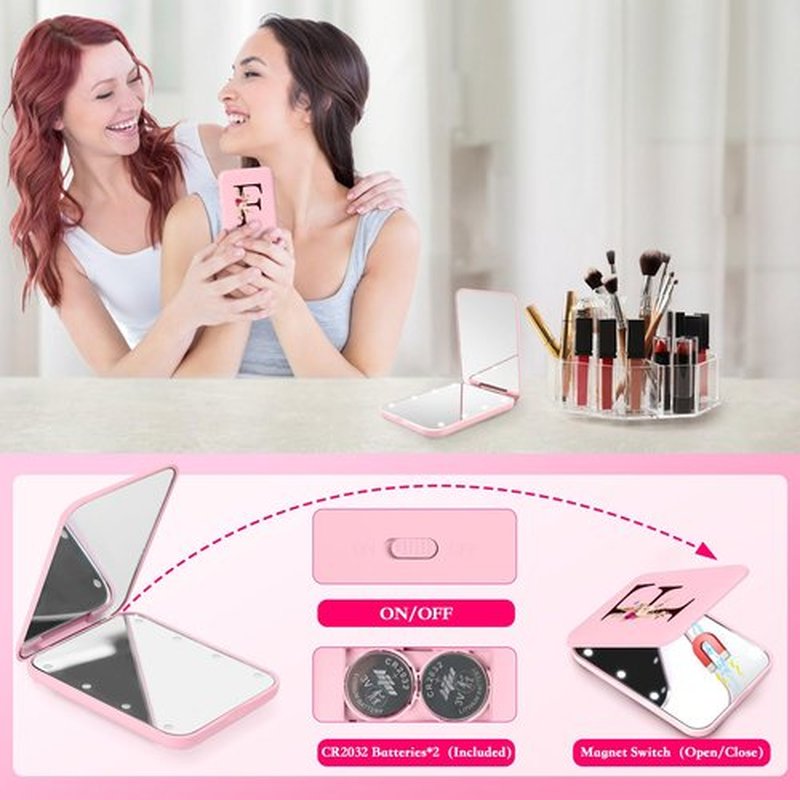 KEWWADB Travel Mirror with Lights, Initials Portable Compact Mirror, Travel Essentials, Suitable for Teen Girls, Young Women Gifts Ideas, Birthdays Gifts(Pink) (F)