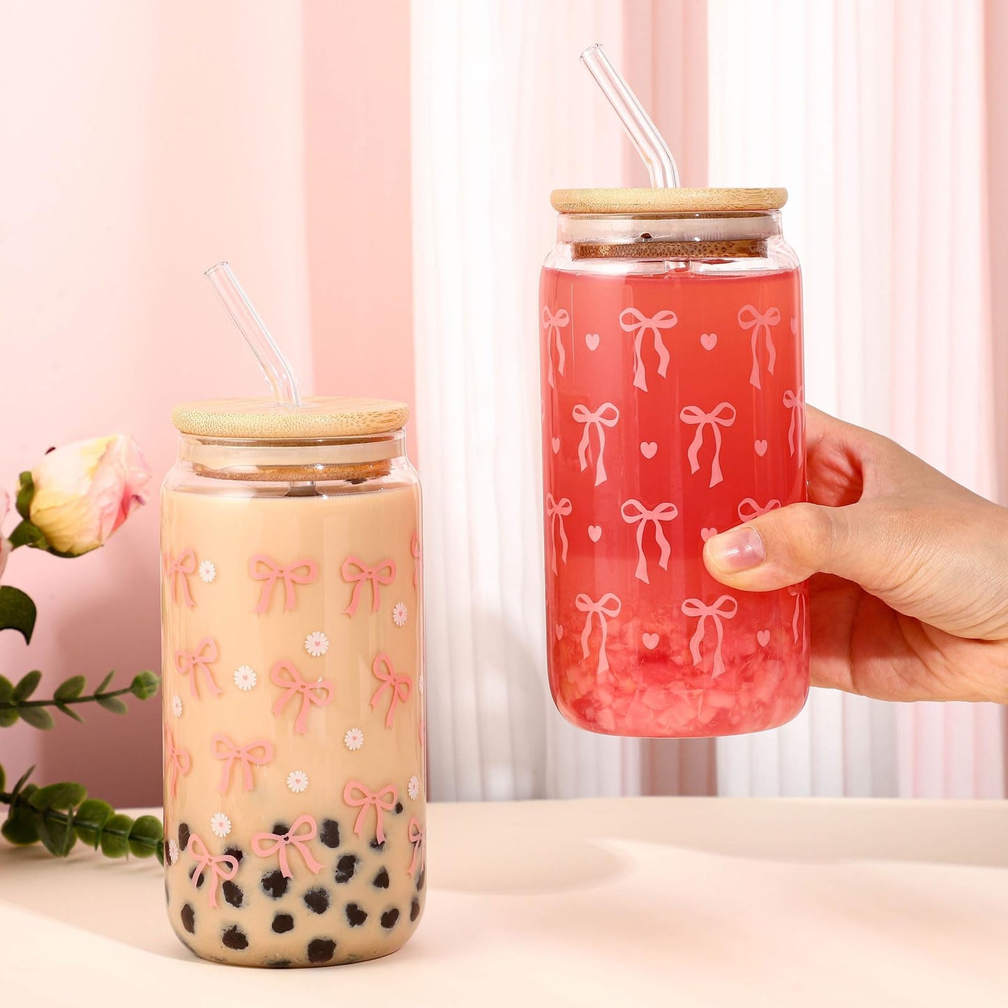 2 Pcs Cute Glass Cups with Lids and Straws, Pink School Supplies 16oz Coquette Pink Bow Iced Coffee Girly Preppy Design Tumbler Mug for Girls Women Kids Bridesmaid Birthday Wedding Bride Shower Gifts