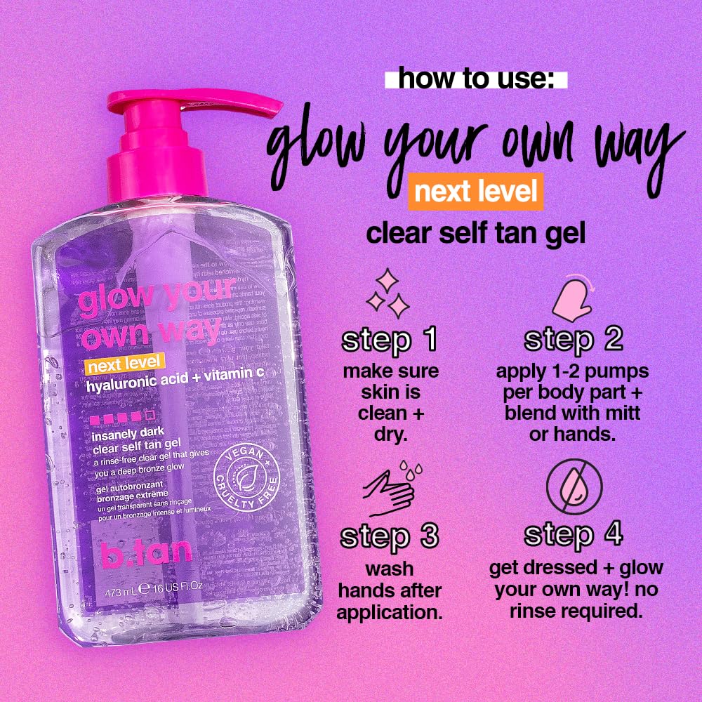 b.tan Best Clear Self Tanning Gel Kit | Glow Your Own Way Bundle - Ultra Dark, Quick Express Tanner for Face & Body with Applicator, No Transfer (Ultra Dark Gel with Mitt)
