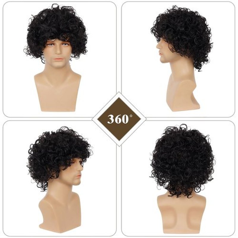 Dsimeig Mens Curly Wig Black Short Curly Rocker Party Wig Halloween Costume Cosplay Hair Wig