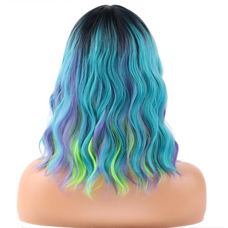 BERON 14 Inches Green Wig for Women Girls Green Purple Wig with Bangs Short Curly Wig Green Mix Purple Wigs