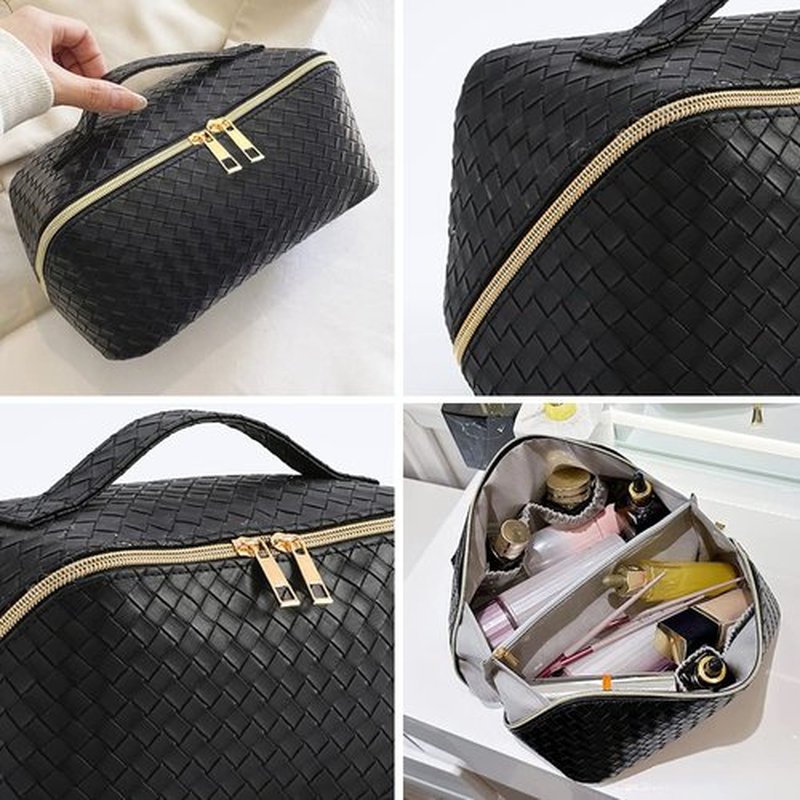 MINGRI Large Capacity Travel Cosmetic Bag for Women,Portable PU Leather Checkered Makeup Bag Water Resistant,Flat Open Multifunctional Storage Toiletry Bag with Divider and Handle (Woven-Black)