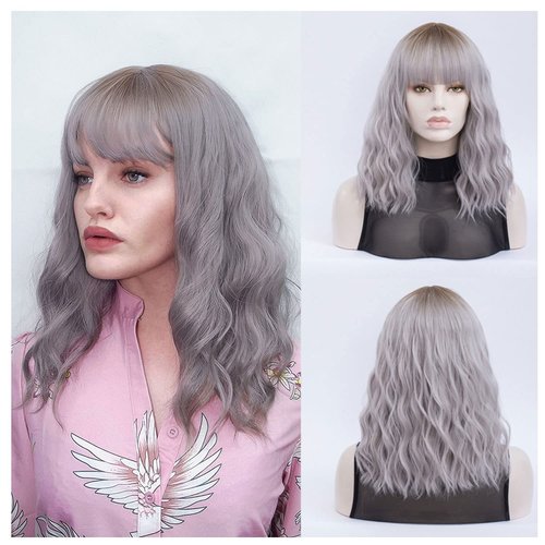 QACCF Short Wavy Shoulder Length Women Full Bang Heat Resistant Wig (Gray)